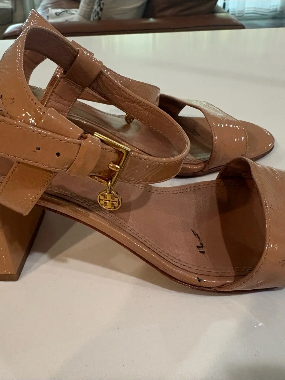 Tory Burch Patent Leather Block Heel Sandals in Tan 8
